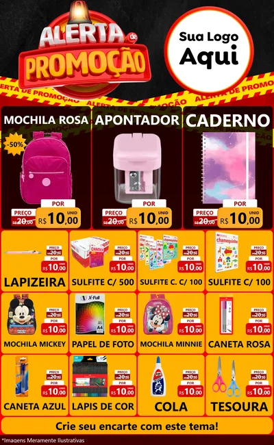Modelo de Encarte para Encarte Grande com o tema Alerta de Promoção para Papelaria