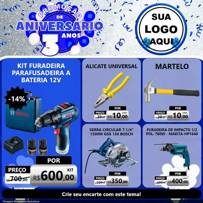 Modelo de Rede Social para Feed Facebook com o tema Promoção de Aniversário - 3 Anos para Maquinas e Ferramentas