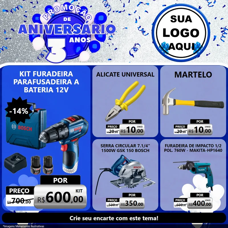Modelo de Rede Social para Feed Facebook com o tema Promoção de Aniversário - 3 Anos para Maquinas e Ferramentas