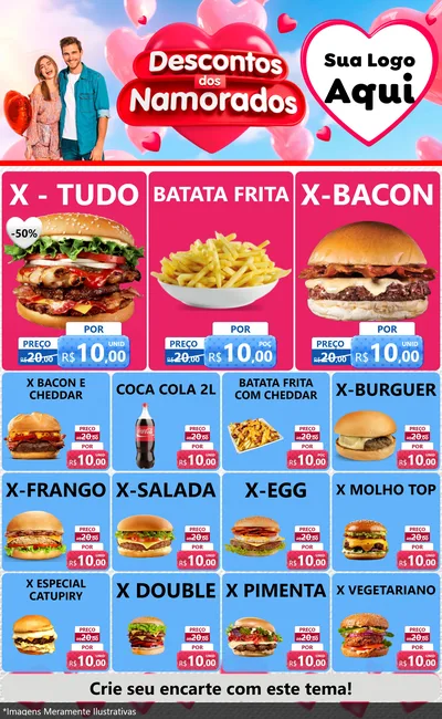 Modelo de Encarte para Encarte Grande com o tema Descontos dos Namorados para Hamburgueria
