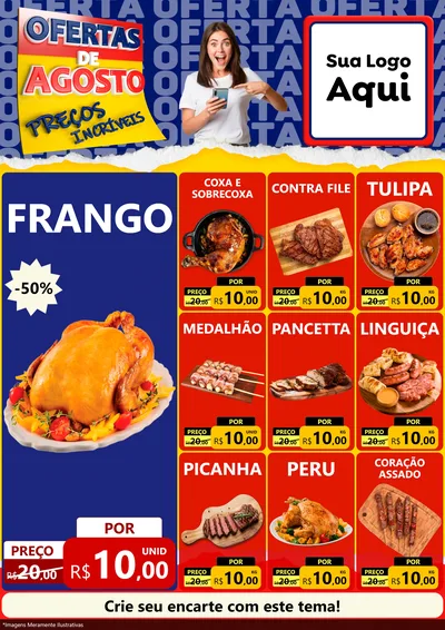 Modelo de Encarte para Encarte A4 Vertical com o tema Ofertas de Agosto - Preços Incríveis para Assados