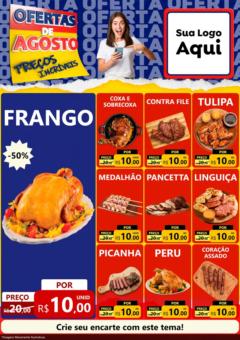 Modelo de Encarte para Encarte A4 Vertical com o tema Ofertas de Agosto - Preços Incríveis para Assados