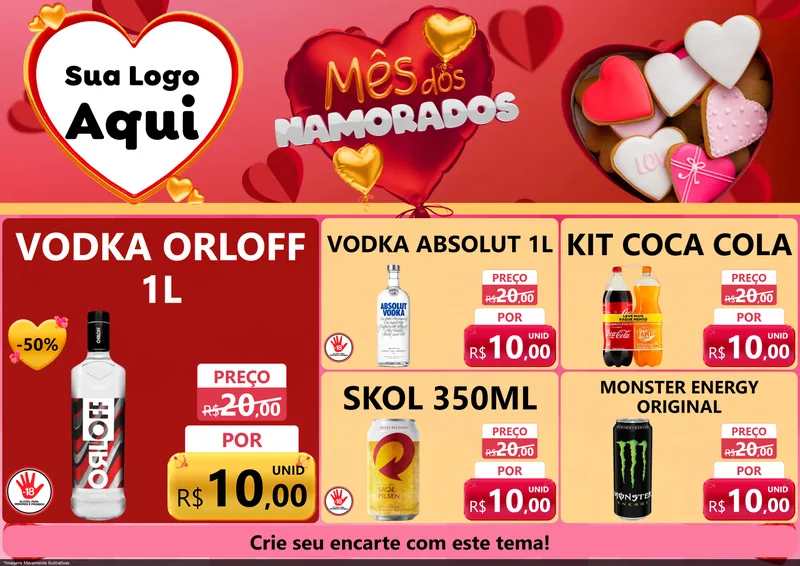 Modelo de Encarte para Encarte A4 Horizontal com o tema Mês dos Namorados para Distribuidora de bebidas