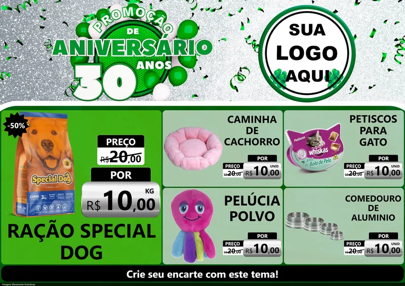 Modelo de Encarte para Encarte A4 Horizontal com o tema Promoção de Aniversário - 30 Anos para Pet Shop