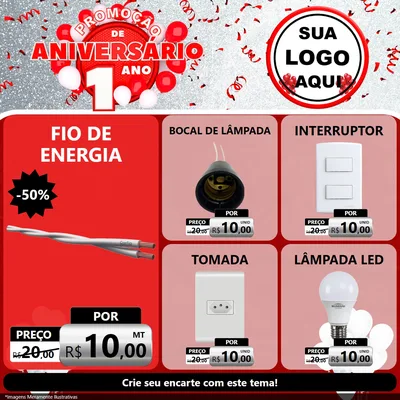 Modelo de Rede Social para Feed Facebook com o tema Promoção de Aniversário - 1 Ano para Materiais Elétricos