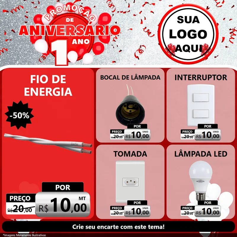 Modelo de Rede Social para Feed Facebook com o tema Promoção de Aniversário - 1 Ano para Materiais Elétricos