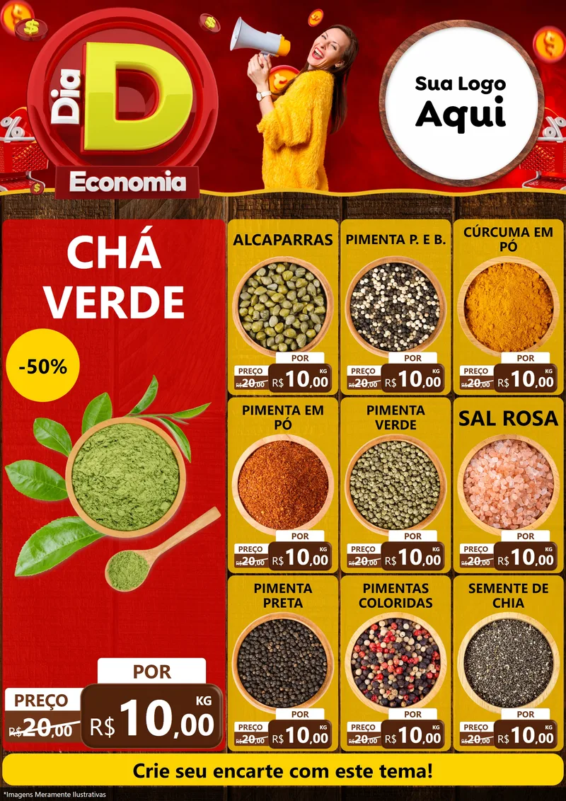 Modelo de Encarte para Encarte A4 Vertical com o tema Dia D Economia para Produtos Naturais