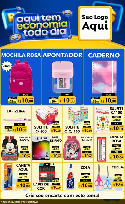 Modelo de Encarte para Encarte Grande com o tema Aqui Tem Economia Todo Dia para Papelaria