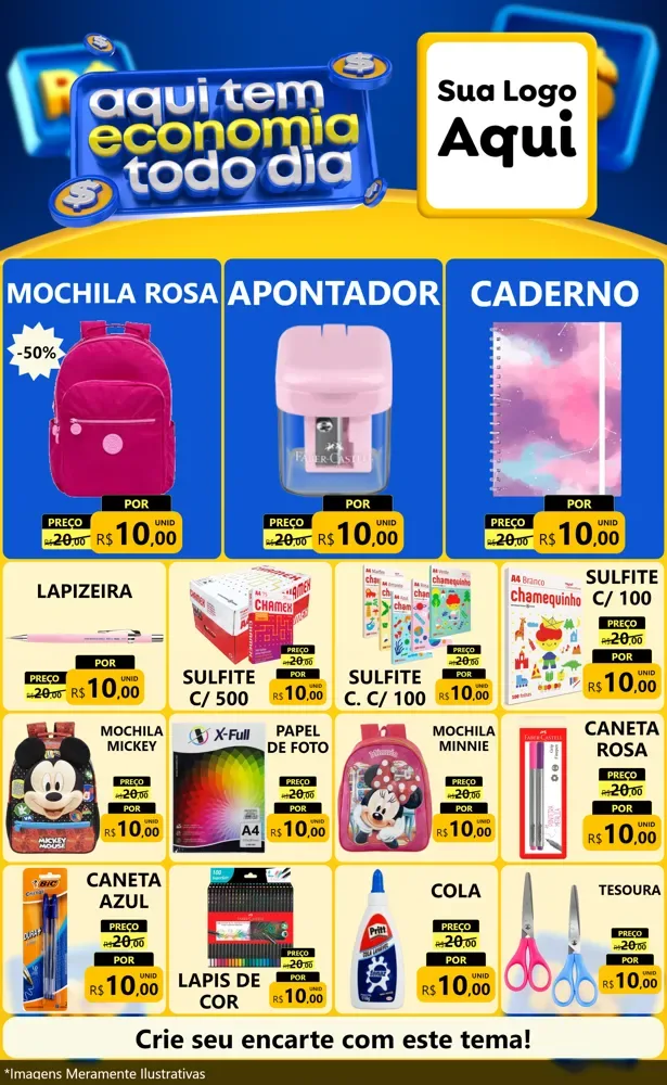 Modelo de Encarte para Encarte Grande com o tema Aqui Tem Economia Todo Dia para Papelaria