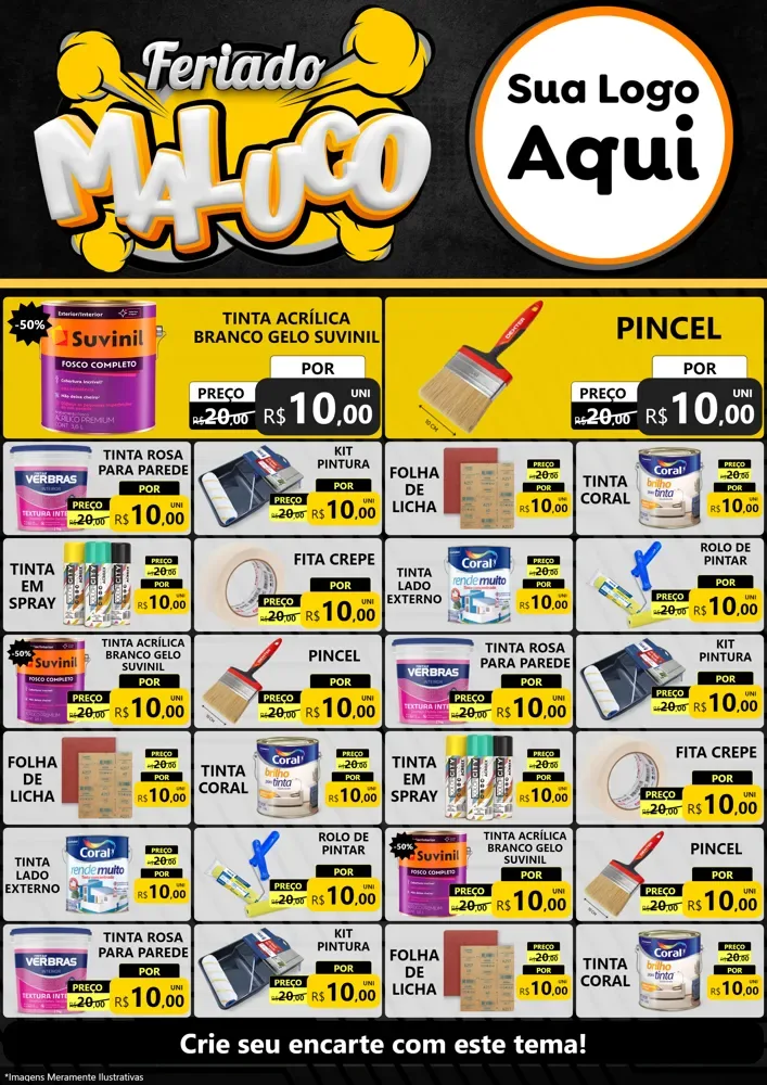Modelo de Encarte para Encarte A4 Vertical com o tema Feriado Maluco para Tintas e Ferramentas