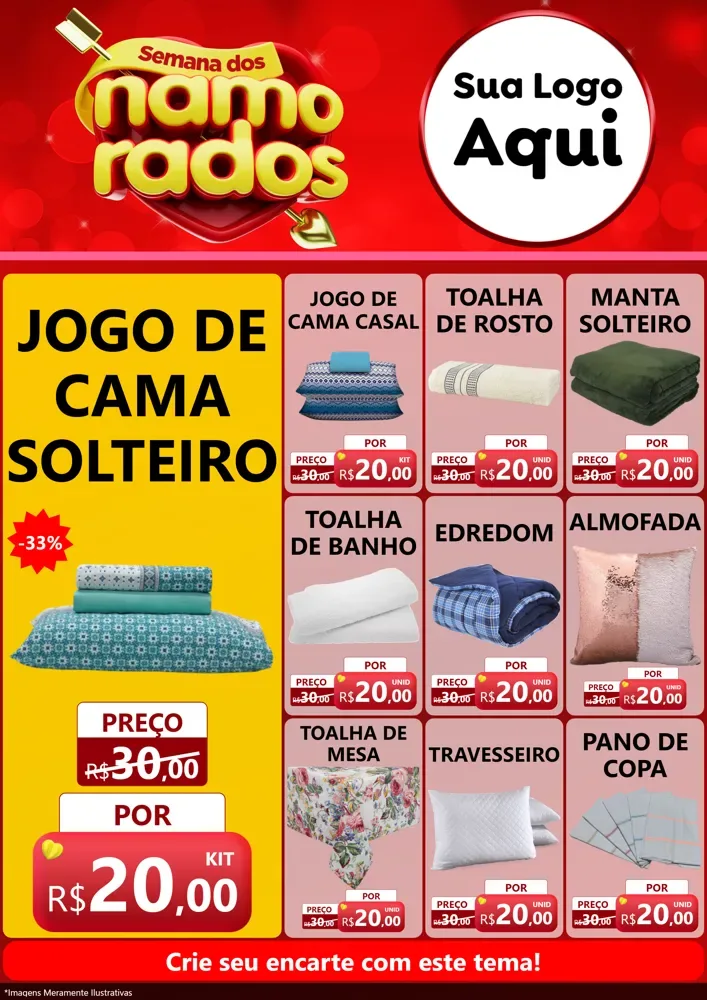 Modelo de Encarte para Encarte A4 Vertical com o tema Semana dos namorados para Cama, Mesa e Banho