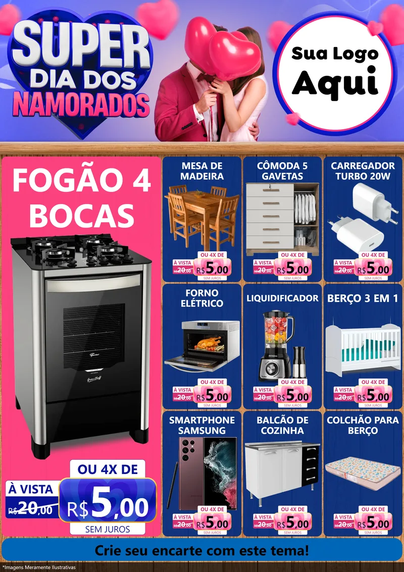 Modelo de Encarte para Encarte A4 Vertical com o tema Super Dia dos Namorados para Móveis e Eletro