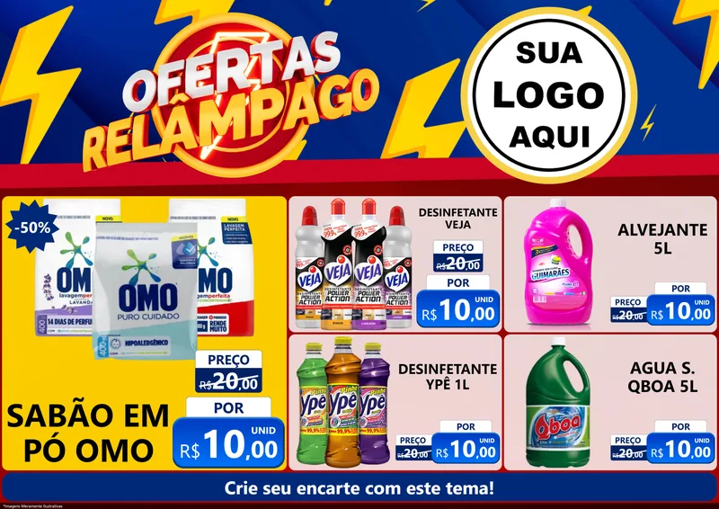Modelo de Encarte para Encarte A4 Horizontal com o tema Ofertas Relâmpago para Produtos de Limpeza