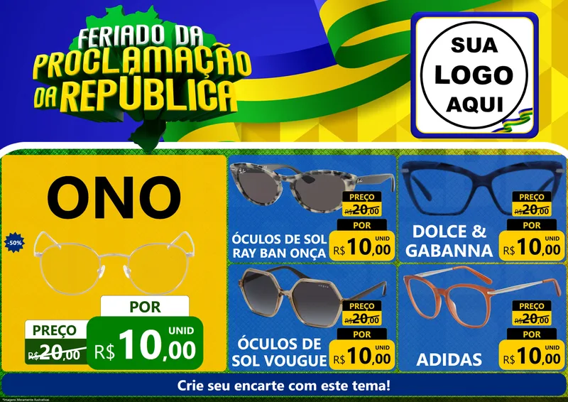 Modelo de Encarte para Encarte A4 Horizontal com o tema Feriado da Proclamação da República para Óticas