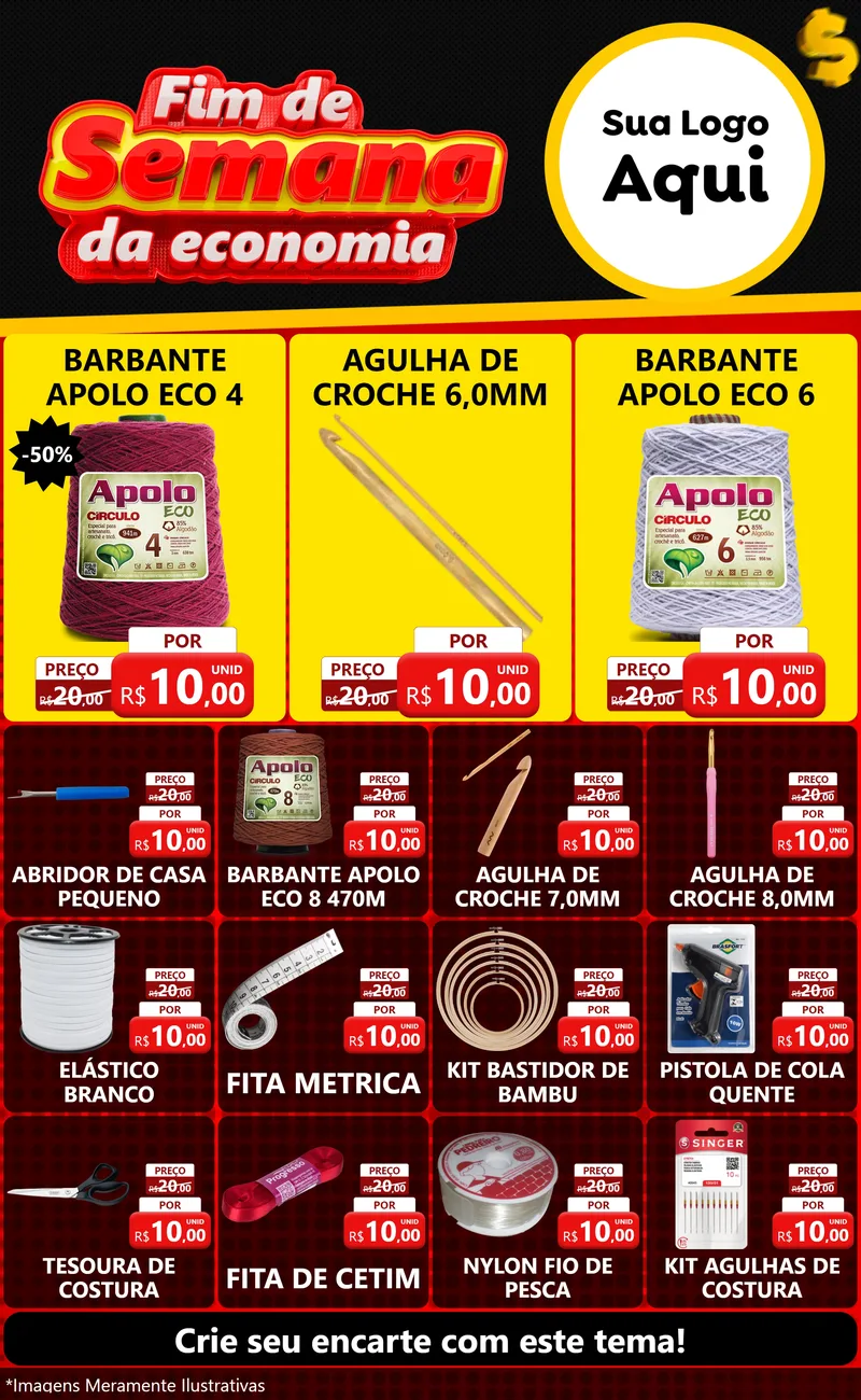 Modelo de Encarte para Encarte Grande com o tema Fim de Semana da Economia para Armarinho e Aviamentos