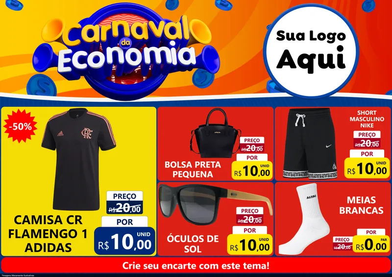 Modelo de Encarte para Encarte A4 Horizontal com o tema Carnaval da Economia para Roupas e acessórios