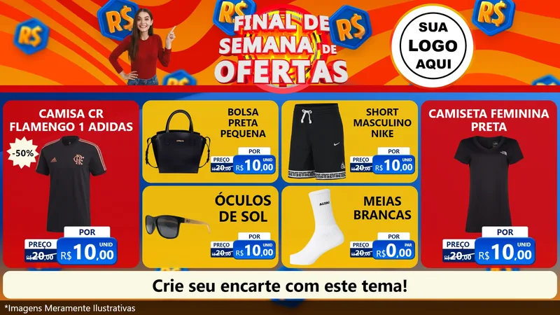 Modelo de TV para TV Horizontal com o tema Final de Semana de Ofertas para Roupas e acessórios