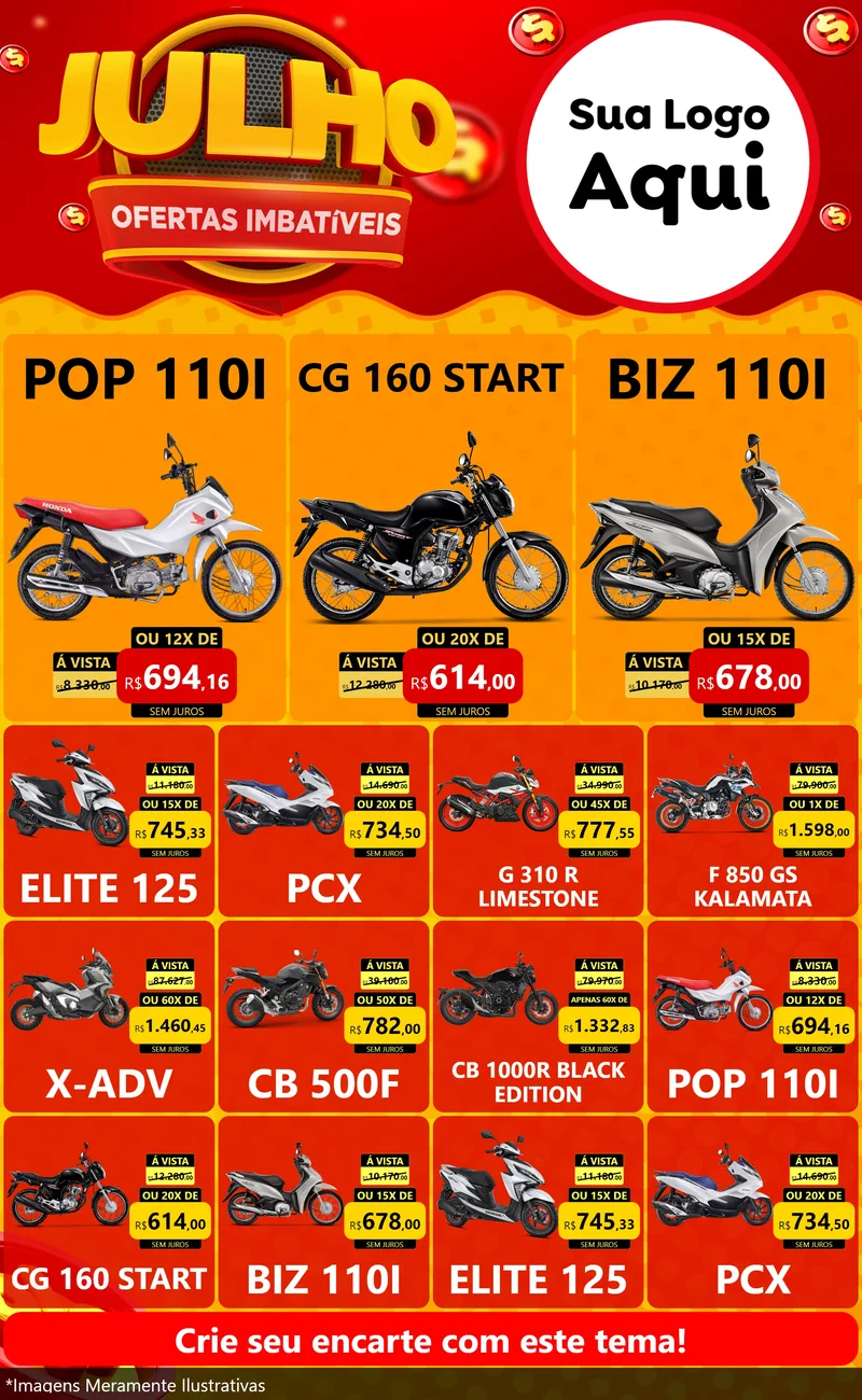 Modelo de Encarte para Encarte Grande com o tema Julho Ofertas Imbatíveis para Concessionaria de Motos
