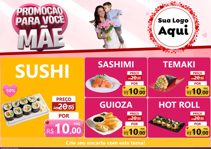 Modelo de Encarte para Encarte A4 Horizontal com o tema Promoção Para Você Mãe para Comida japonesa