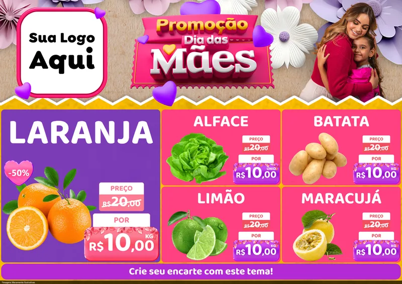 Modelo de Encarte para Encarte A4 Horizontal com o tema Promoção Dia das Mães para Hortifrúti