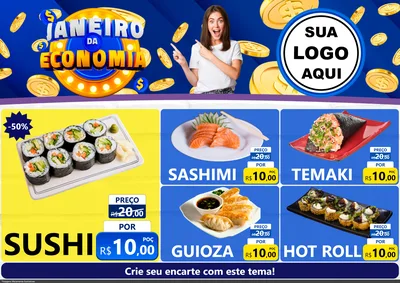 Modelo de Encarte para Encarte A4 Horizontal com o tema Janeiro da Economia para Comida japonesa