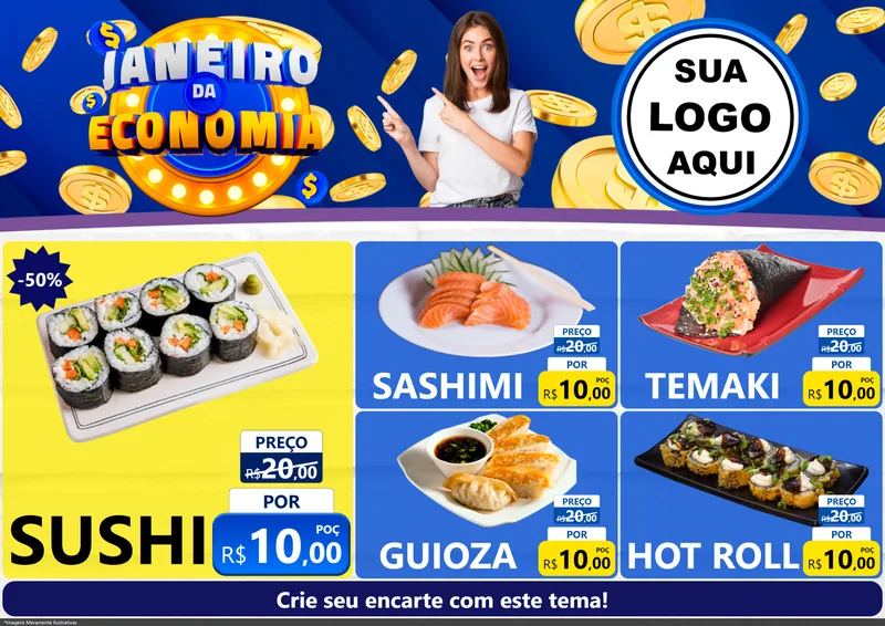 Modelo de Encarte para Encarte A4 Horizontal com o tema Janeiro da Economia para Comida japonesa
