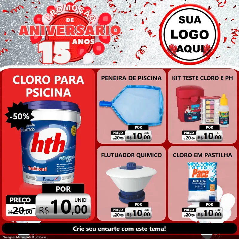 Modelo de Rede Social para Feed Facebook com o tema Promoção de Aniversário - 15 Anos para Produtos para Piscina