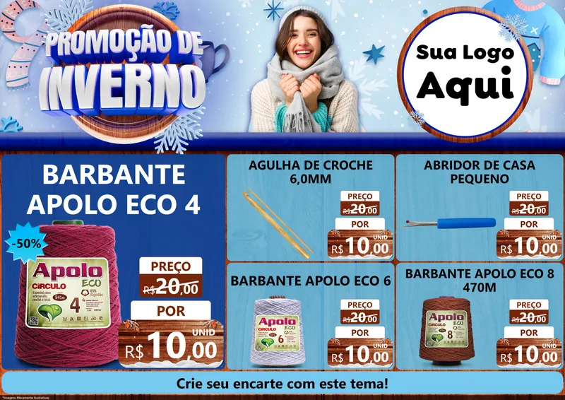 Modelo de Encarte para Encarte A4 Horizontal com o tema Promoção de Inverno para Armarinho e Aviamentos