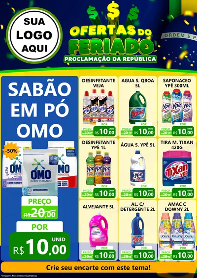 Modelo de Encarte para Encarte A4 Vertical com o tema Ofertas do Feriado - Proclamação da República para Produtos de Limpeza