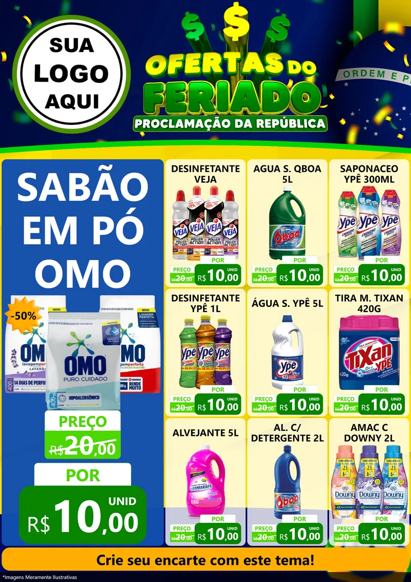 Modelo de Encarte para Encarte A4 Vertical com o tema Ofertas do Feriado - Proclamação da República para Produtos de Limpeza