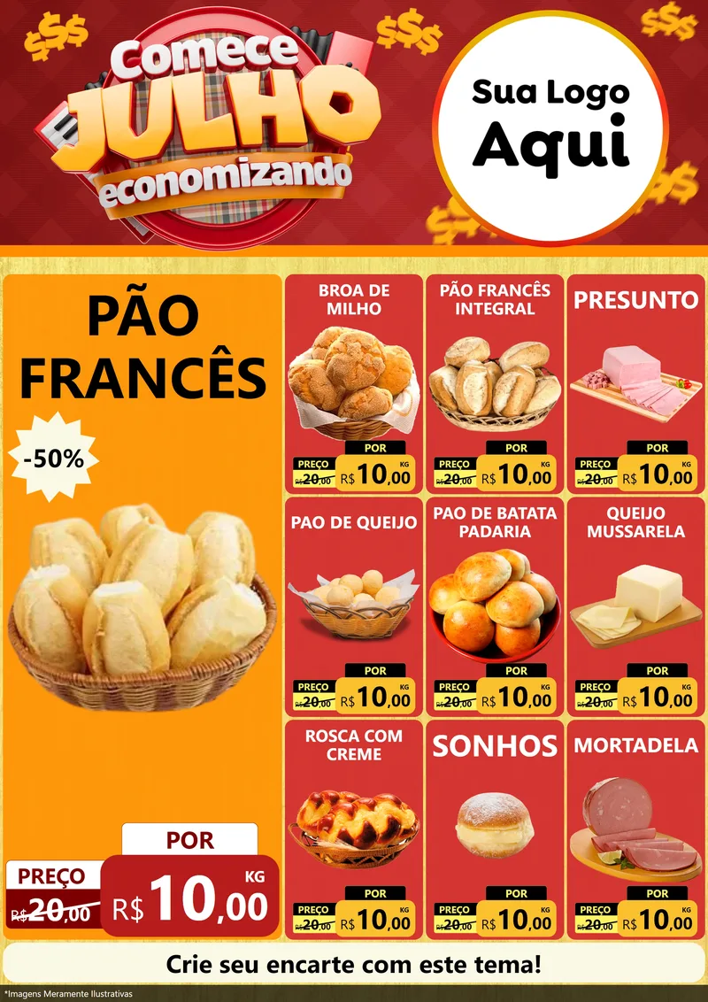 Modelo de Encarte para Encarte A4 Vertical com o tema Comece Julho Economizando para Padaria