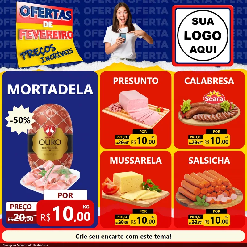 Modelo de Rede Social para Feed Facebook com o tema Ofertas de Fevereiro - Preços Incríveis para Frios e Laticínios