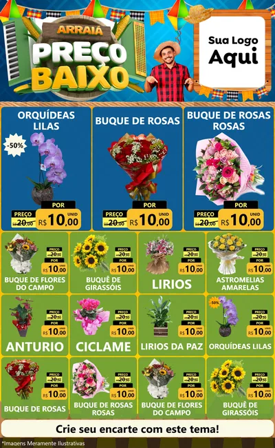 Modelo de Encarte para Encarte Grande com o tema Arraiá de Preço Baixo - Junina para Floricultura e jardim