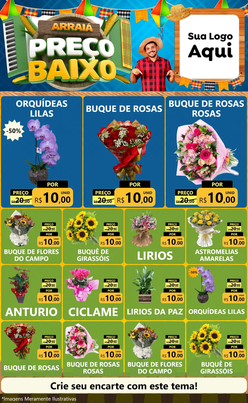 Modelo de Encarte para Encarte Grande com o tema Arraiá de Preço Baixo - Junina para Floricultura e jardim