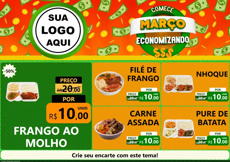 Modelo de Encarte para Encarte A4 Horizontal com o tema Comece Março Economizando para Restaurante
