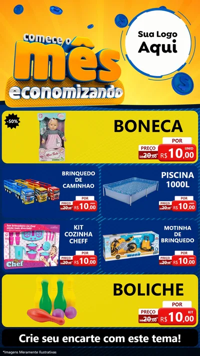 Modelo de TV para TV Vertical com o tema Comece O Mês Economizando para Brinquedos