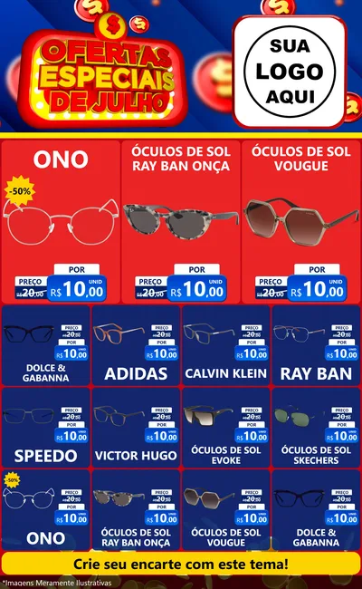 Modelo de Encarte para Encarte Grande com o tema Ofertas Especiais de Julho para Óticas