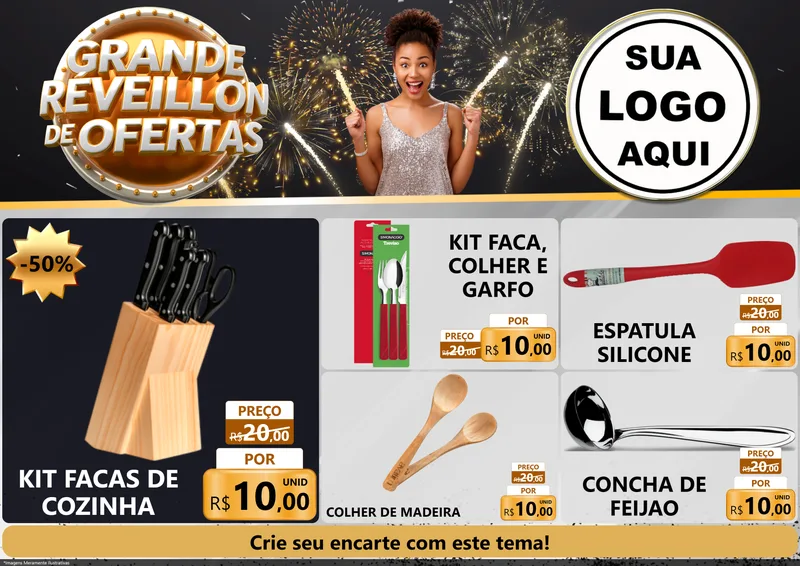 Modelo de Encarte para Encarte A4 Horizontal com o tema Grande Réveillon de Ofertas para Utilidades Domésticas