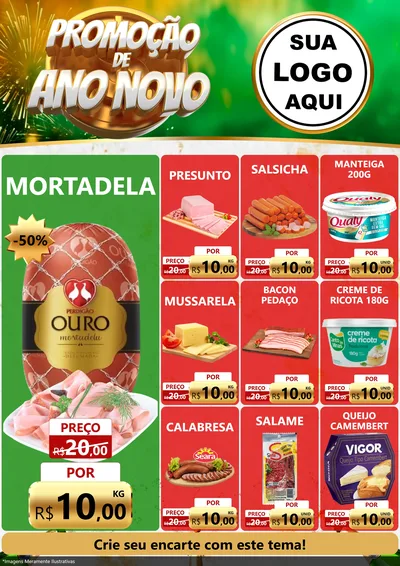 Modelo de Encarte para Encarte A4 Vertical com o tema Promoção de Ano Novo para Frios e Laticínios