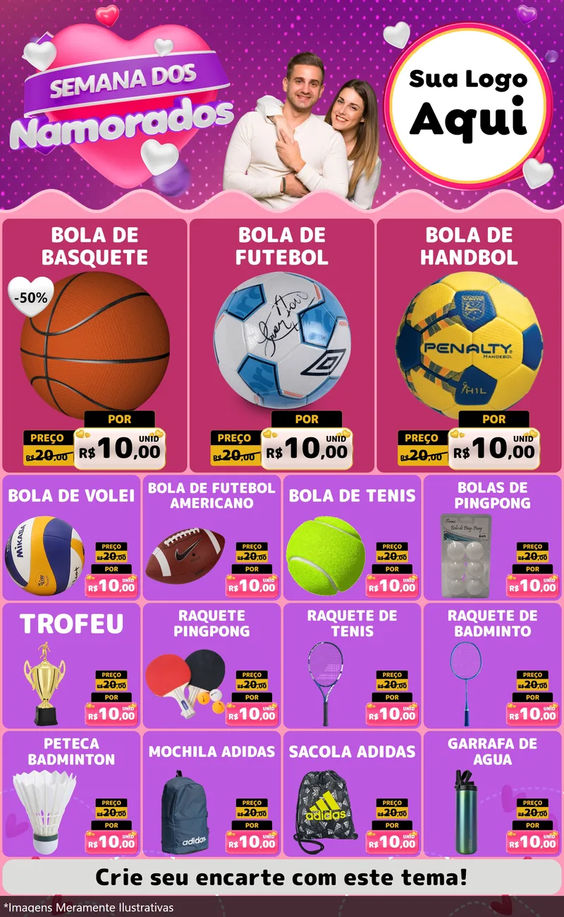 Modelo de Encarte para Encarte Grande com o tema Semana dos Namorados para Artigos Esportivos