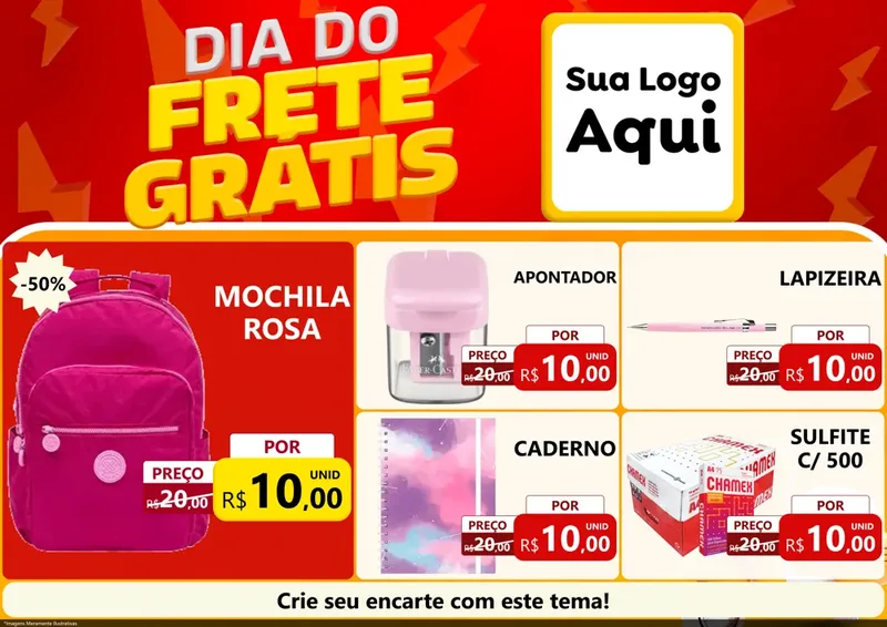 Modelo de Encarte para Encarte A4 Horizontal com o tema Dia do Frete Grátis para Papelaria