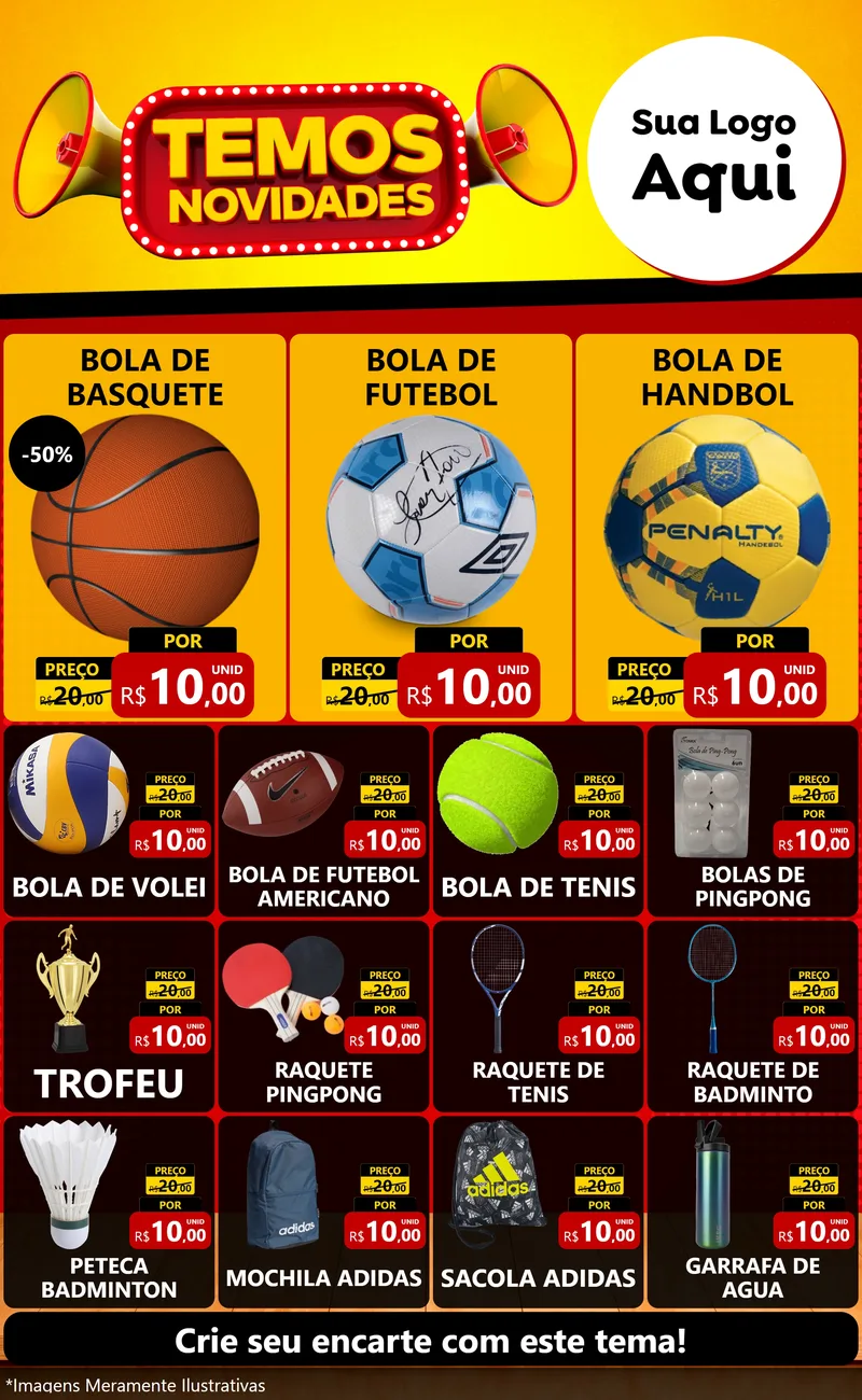 Modelo de Encarte para Encarte Grande com o tema Temos Novidades para Artigos Esportivos