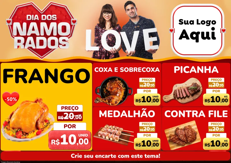 Modelo de Encarte para Encarte A4 Horizontal com o tema Dia dos Namorados para Assados