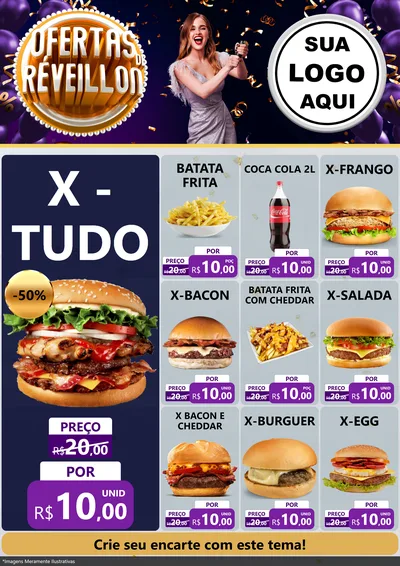 Modelo de Encarte para Encarte A4 Vertical com o tema Ofertas de Réveillon para Hamburgueria