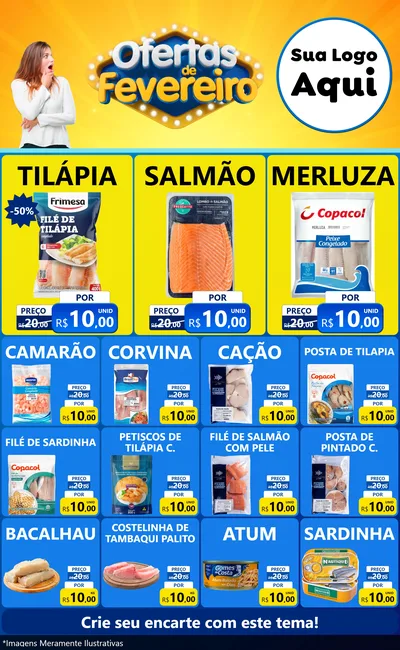 Modelo de Encarte para Encarte Grande com o tema Ofertas de Fevereiro para Peixaria