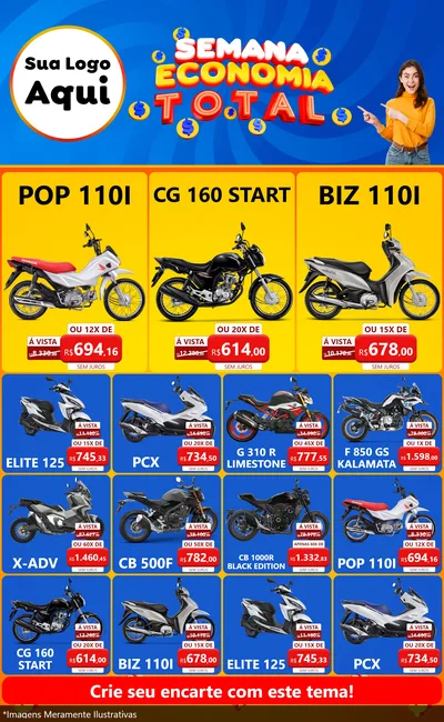 Modelo de Encarte para Encarte Grande com o tema Semana Economia Total para Concessionaria de Motos