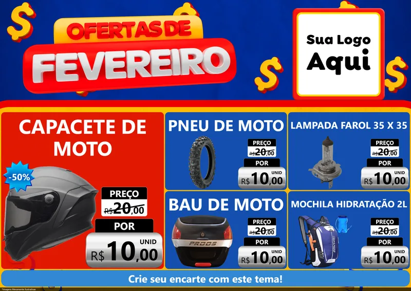 Modelo de Encarte para Encarte A4 Horizontal com o tema Ofertas de Fevereiro para Moto peças