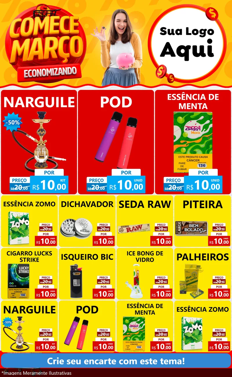 Modelo de Encarte para Encarte Grande com o tema Comece Março Economizando para Tabacaria