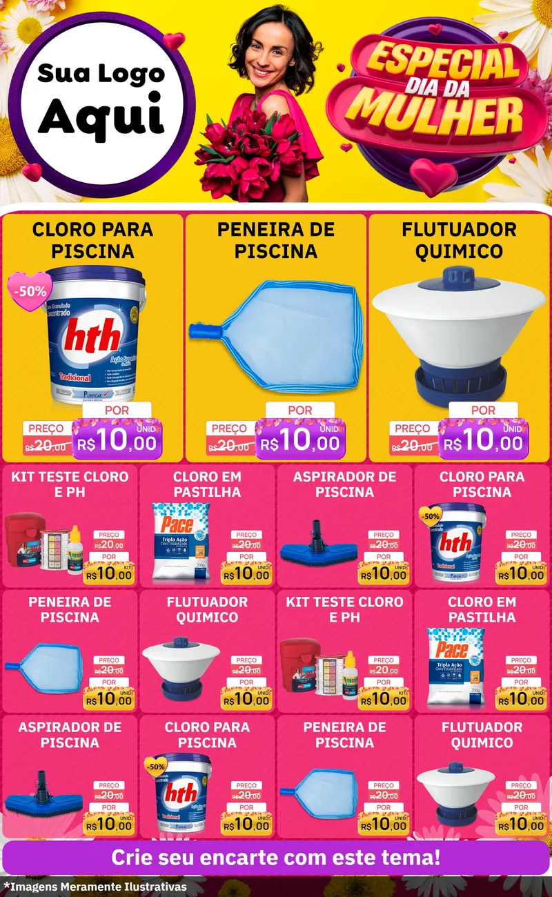 Modelo de Encarte para Encarte Grande com o tema Especial Dia da Mulher para Produtos para Piscina