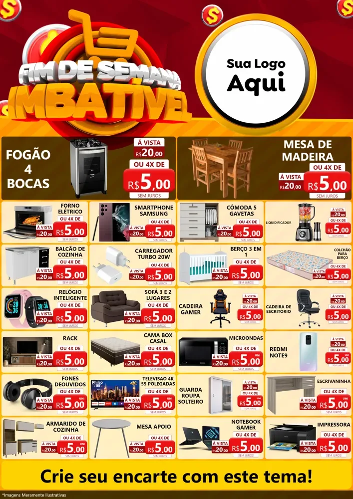 Modelo de Encarte para Encarte A4 Vertical com o tema Fim de Semana Imbatível para Móveis e Eletro